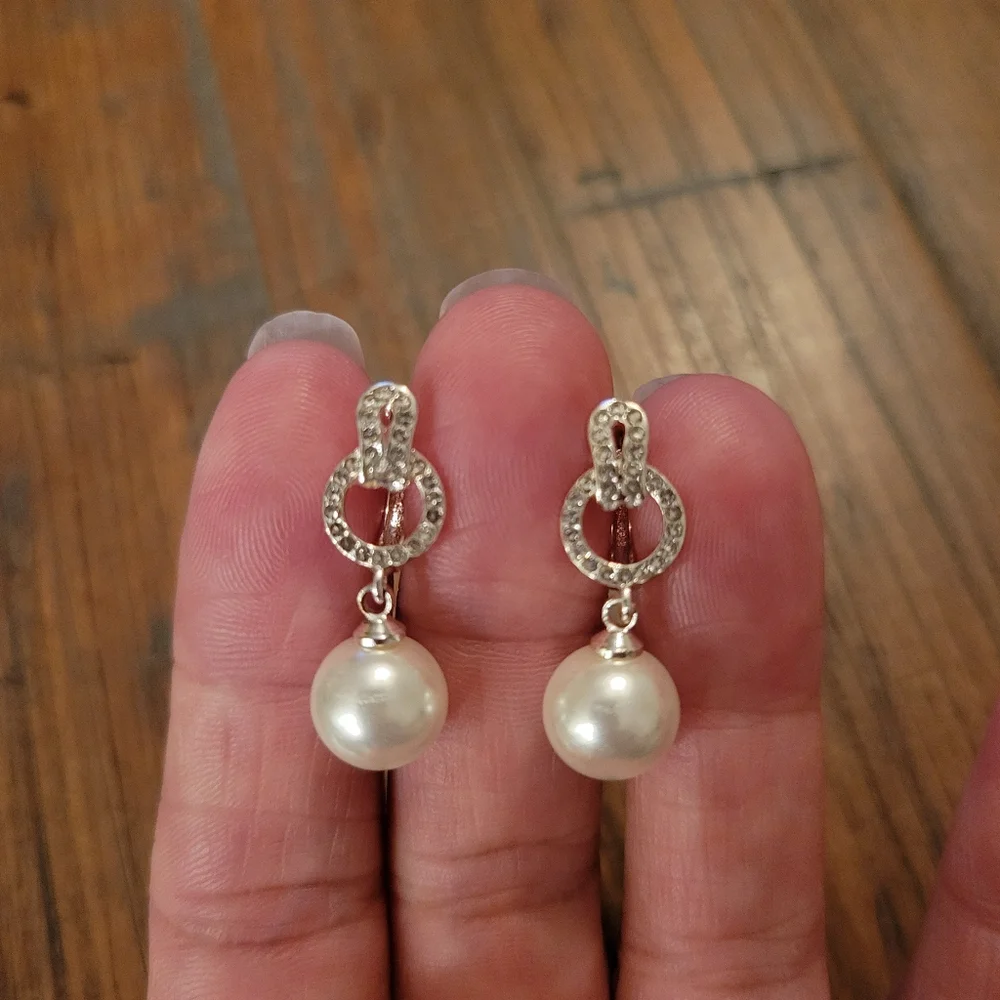 Silver Tone Faux Pearl Huggie Drop Earrings